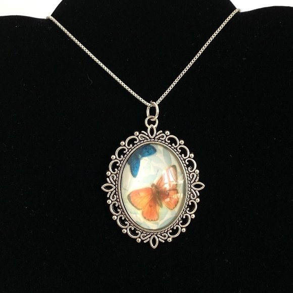Luminous Butterflies Under Glass Pendant Orange Blue Silvertone Necklace 29.5” - Picture 2 of 6